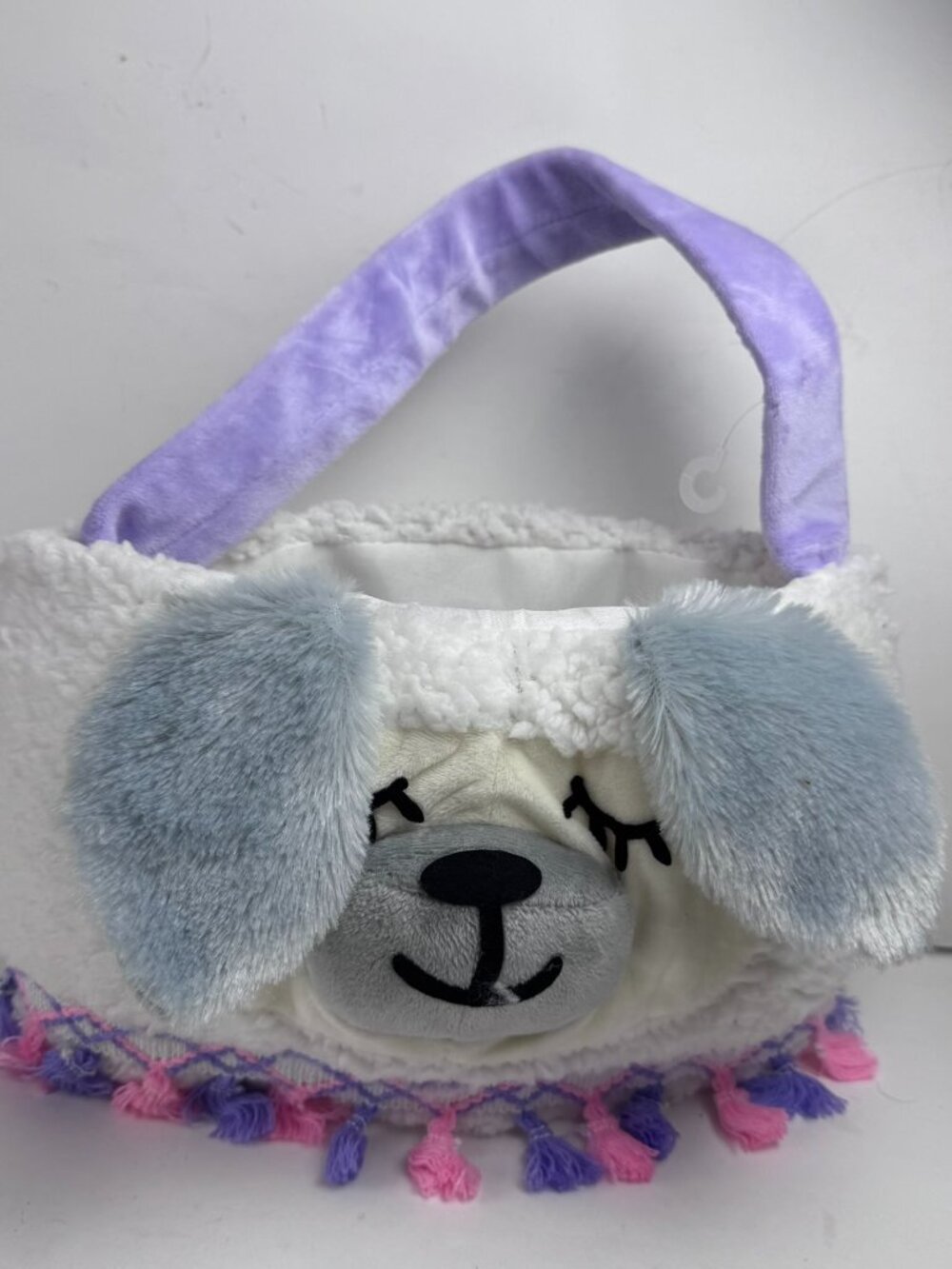 Plush Llama Sherpa Easter Basket Tote Purple Strap Tassel Trim White 8"x7" STAIN